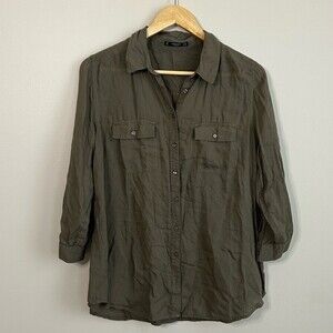 Mango Army Green Button Front Long Sleeve Shirt Size 6
